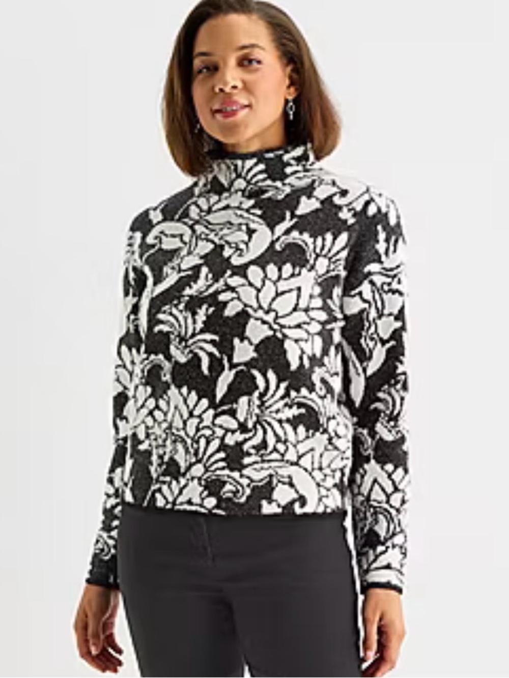 Liz Claiborne Womens Funnel Neck Long Sleeve Floral Pullover Sweater